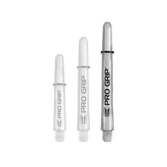Target Pro Grip Shafts - 3 Sets - Transparent Das Bild zeigt drei transparente Pro Grip Shafts in unterschiedlichen Längen. Sie sind mit der Aufschrift "PRO GRIP" und einem schwarzen Logo versehen.