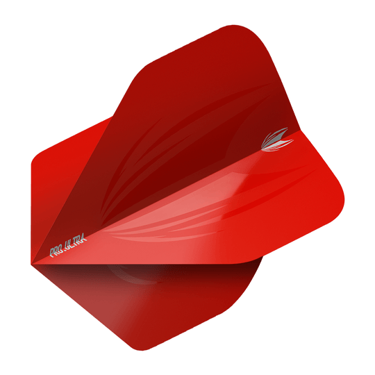 Das Bild zeigt ein rotes Dartflight mit der Aufschrift "Pro Ultra" und einem stilisierten Flügeldesign. Es handelt sich um das Produkt "Target ProUltra ID Red No2 Standard Flights".