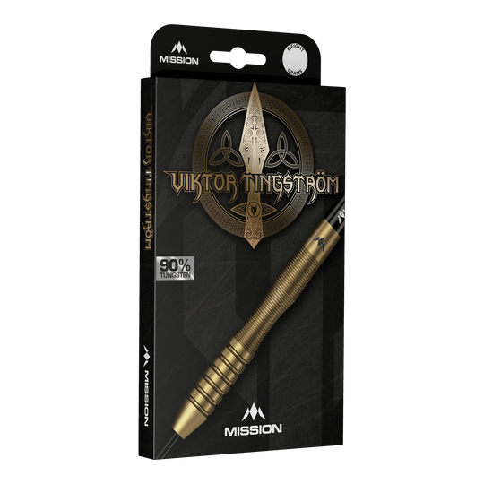 Mission Viktor Tingstrom Gold Steel Darts - 22g Mission Viktor Tingstrom Gold Steeldarts - 22g, mehrere Dartpfeile werden präsentiert. Die goldene Farbgebung und das spezielle Design sind erkennbar.