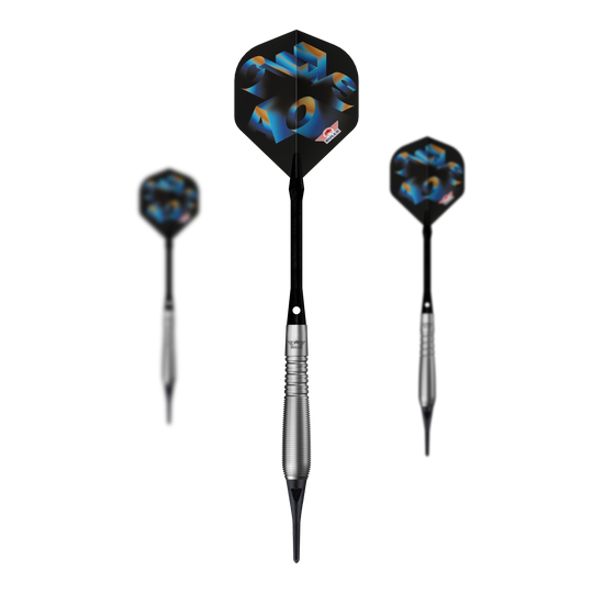 Abgebildet ist ein Set Bulls NL Chaos Blue Softdarts mit 19g. Die Softdarts sind blau und werden als komplettes Set präsentiert.