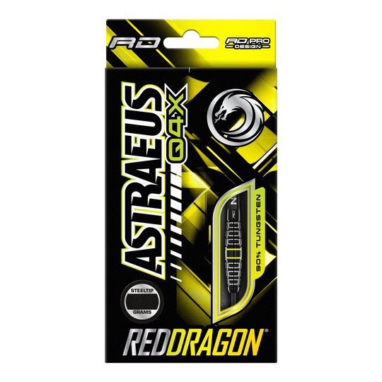 Die Abbildung zeigt die Verpackung der "Red Dragon Astraeus Q4X Torpedo Steeldarts". Das Design ist überwiegend schwarz und gelb, mit auffälligem Markenschriftzug und einer sichtbaren Abbildung eines Darts.