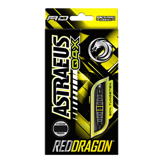 Red Dragon Astraeus Q4X Torpedo Steel Darts Die Abbildung zeigt die Verpackung der "Red Dragon Astraeus Q4X Torpedo Steeldarts". Das Design ist überwiegend schwarz und gelb, mit auffälligem Markenschriftzug und einer sichtbaren Abbildung eines Darts.