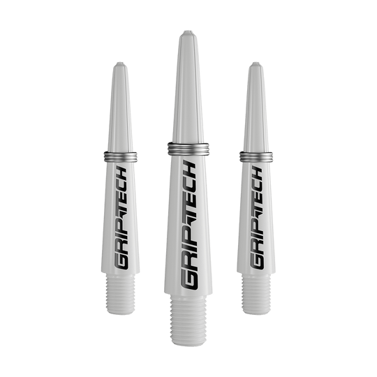 GOAT Griptech Shafts - White Das Bild zeigt drei silberne Dartschäfte mit der Aufschrift "GRIPTECH". Sie sind aus Kunststoff und haben ein Schraubgewinde am unteren Ende.