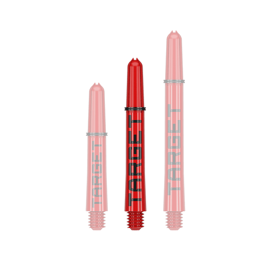 Target Pro Grip TAG Shafts - 3 Sets - Red Das Bild zeigt drei rote Dartschäfte in verschiedenen Längen. Auf den Schäften steht in schwarzer Schrift das Wort "TARGET".