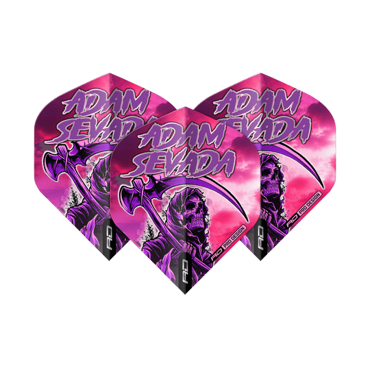 Red Dragon Hardcore Adam Sevada Premium No2 Standard Flights Das Bild zeigt drei Dartflights mit dem Namen "Red Dragon Hardcore Adam Sevada Premium No2 Standard Flights". Die Flights sind in lila und rosa Tönen gestaltet und zeigen ein Sensenmann-Design mit dem Schriftzug "Adam Sevada".