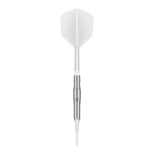 Target Japan Crux Brave Soft Darts - 18.5g Das Bild zeigt einen weißen Softdart mit silbernem Schaft. Es handelt sich um das Produkt "Target Japan Crux Brave Softdarts - 18,5g".