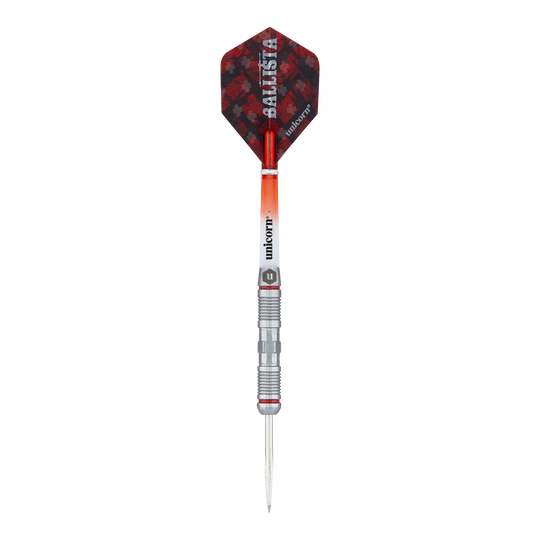 Das Bild zeigt einen Steeldart namens "Unicorn Ballista Style 2". Der Dart hat einen rot-schwarzen Flight und einen silbernen Schaft mit auffälligen Rillen.