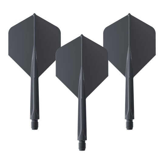 Das Bild zeigt drei schwarze Dartflights mit integriertem Schaft in mittlerer Größe. Es handelt sich um das Produkt "Unicorn Forge All In One Plus No2 Standard Flights Schwarz - Medium".