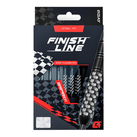 Gezeigt werden GOAT Finish Line Tungsten Steeldarts. Die Darts bieten präzise Kontrolle und eine gute Balance.