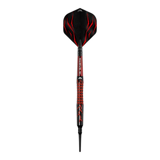 Mission Lava Softdarts - 20g Dies ist der Mission Lava Softdart mit einem Gewicht von 20 Gramm. Er hat ein auffälliges Design in Schwarz und Rot mit roten Flammenmustern.