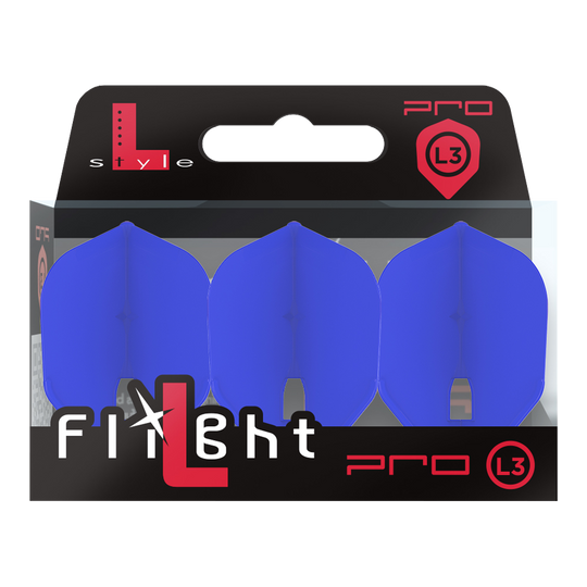 L-Style Flights Champagne - L3PRO Shape Das Bild zeigt eine Verpackung mit drei blauen Dartflights der Marke L-Style. Auf der Packung steht "Flight L Pro L3" und die Flights sind in einer durchsichtigen Box sichtbar.