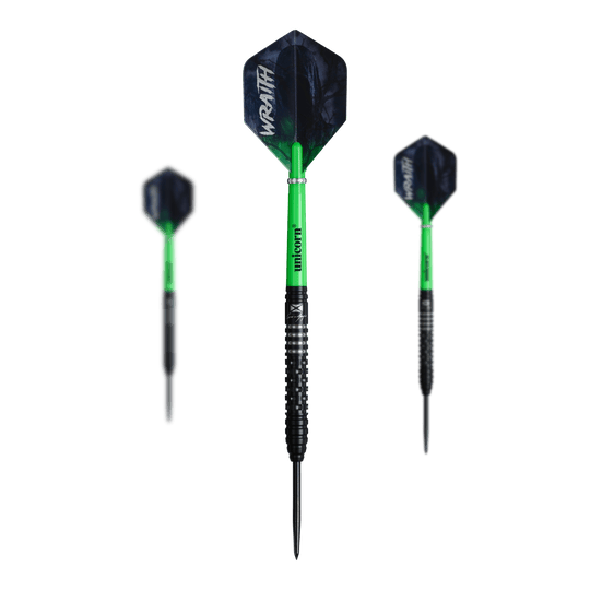 Unicorn Wraith Cameron Menzies Steel Darts - 23g Auf dem Bild sind die Unicorn Wraith Cameron Menzies Steeldarts - 23g zu erkennen. Es handelt sich um ein Set mit Steeldarts in silberner Farbe.