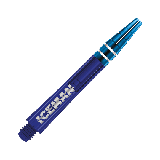 Dies ist ein blauer Dart-Schaft mit der Aufschrift "ICEMAN". Der Schaft hat zwei silberne Ringe am oberen Ende.