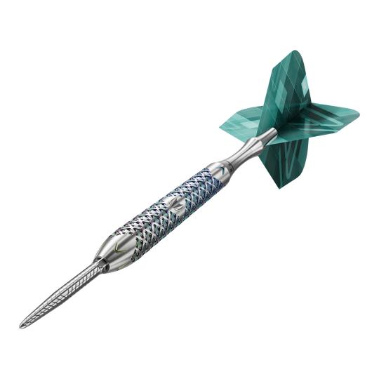 Target Rove 03 Swiss Point steel darts Das Bild zeigt den Target Rove 03 Swiss Point Steeldart. Der Dart hat einen silbernen, strukturierten Schaft und grüne Flights.