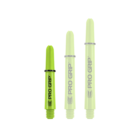 Target Pro Grip Shafts - 3 Sets - Lime Green Das Bild zeigt drei limegrüne Pro Grip Shafts in unterschiedlicher Länge. Auf jedem Schaft steht gut sichtbar der Schriftzug "PRO GRIP".