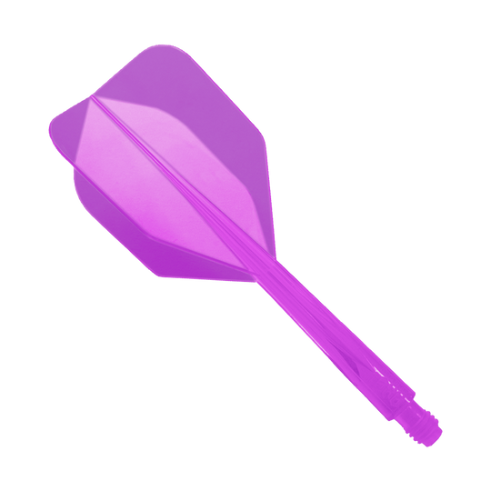 Condor Ax Purple Flight System Small - XL - 37.5 mm Das Bild zeigt ein lilafarbenes Dart-Flightsystem mit integriertem Schaft. Es handelt sich um das Modell "Condor Axe Purple Flight-System Small - XL - 37,5 mm".