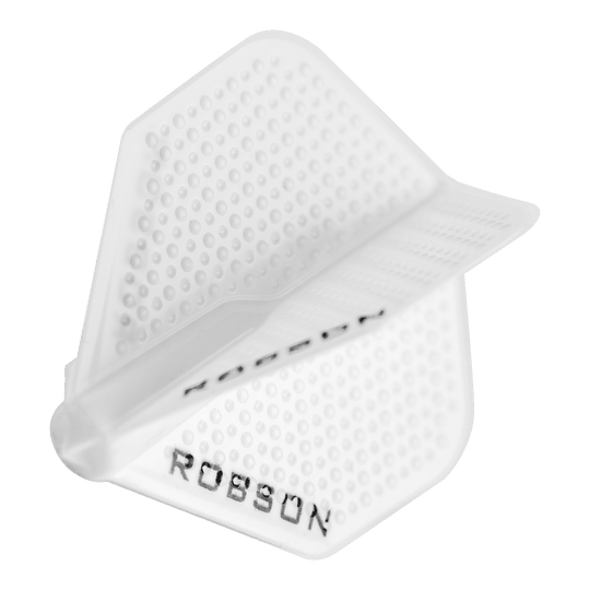Robson Plus Dimple Flights - Weiß Das Bild zeigt ein weißes Robson Plus Dimple Flight für Darts. Die Oberfläche ist mit kleinen Noppen versehen und der Name "Robson" ist darauf zu sehen.