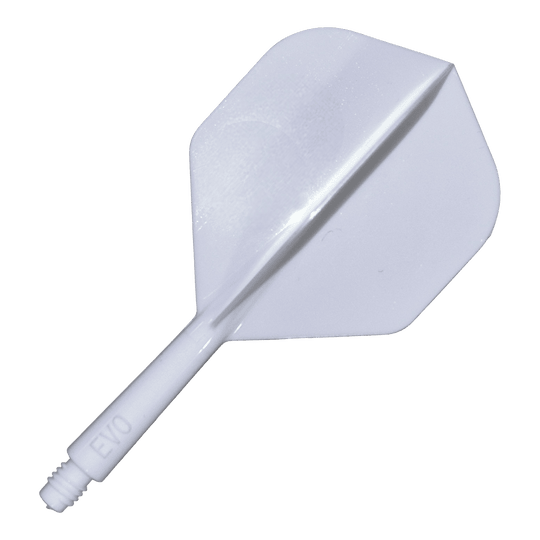 Evolution EVO1 Flight Shaft System - White Das Bild zeigt das Evolution EVO1 Flight-Shaft-System in Weiß. Es handelt sich um ein Zubehör für Darts, das aus einem weißen Schaftsystem besteht.