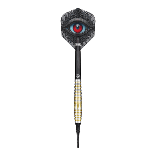 Shot Celt Balor Softdarts Der Shot Celt Balor Softdart ist ein eleganter Dartpfeil mit einem auffälligen Design. Auf der Flight ist ein großes, detailliertes Auge abgebildet.