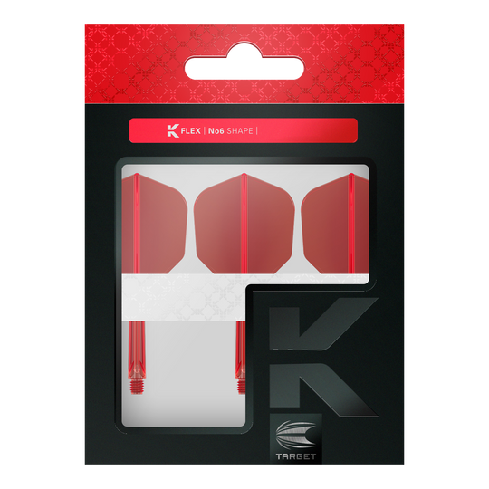 Das Bild zeigt eine Verpackung mit drei roten Dartflights und -shafts. Auf der Verpackung steht "K FLEX No6 SHAPE" und sie hat ein modernes Design mit Rot und Schwarz.