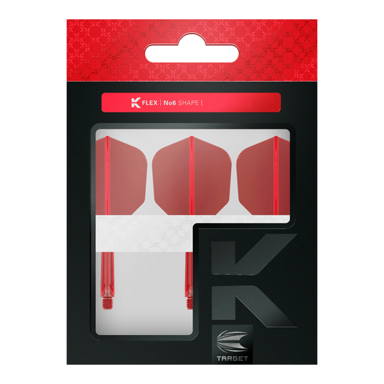 Target K-Flex No6 Flight System - Red Das Bild zeigt eine Verpackung mit drei roten Dartflights und -shafts. Auf der Verpackung steht "K FLEX No6 SHAPE" und sie hat ein modernes Design mit Rot und Schwarz.