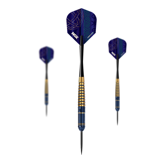Abgebildet sind die Harrows Nox Premium Brass Steeldarts. Diese hochwertigen Dartpfeile sind speziell für Steeldart entwickelt.