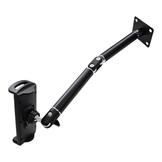 McDart TABFlex tablet wall mount with flexible arm Dieses Bild zeigt die McDart TABFlex Tablet Wandhalterung mit flexiblem Arm. Die Halterung ist schwarz und lässt sich an der Wand befestigen, um ein Tablet flexibel auszurichten.