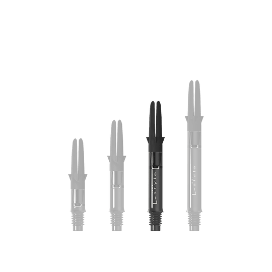 L-L-Style-Shaft Carbon Silent Straight - Schwarz Auf dem Bild sind drei schwarze Carbon-Shafts für Dartpfeile in unterschiedlichen Längen zu sehen. Sie stehen nebeneinander aufrecht aufrecht und besitzen alle denselben Aufbau.