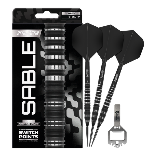 Red Dragon Sable Torpedo Switch Point Steel Darts Das Bild zeigt die Red Dragon Sable Torpedo Switch Point Steeldarts in voller Länge. Die komplette Form und das Design sind zu sehen.