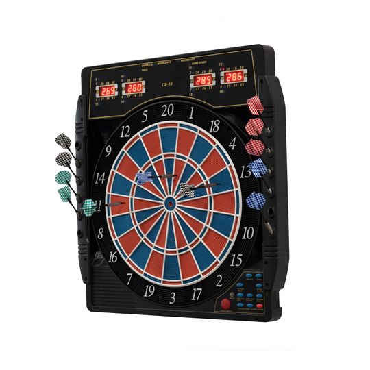 Elektronische Dartscheibe Karella CB 50 Turnierausführung Die Abbildung zeigt die elektronische Dartscheibe Karella CB 50 Turnierausführung. Sie verfügt über digitale Anzeigen und bunte Softdarts, die an den Seiten befestigt sind.