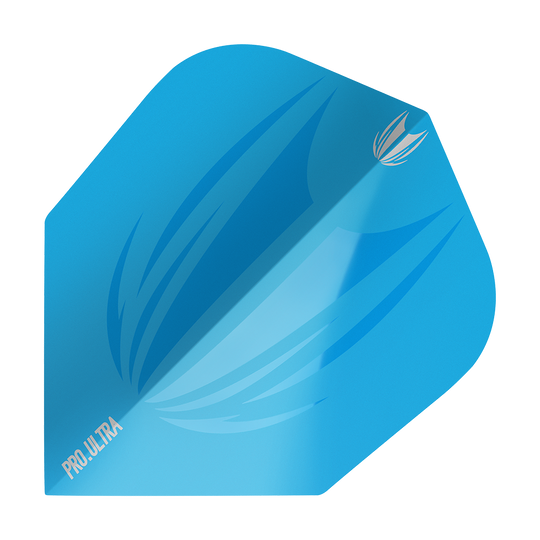 TG439_Target_ProUltra_ID_Lime_Blue_No6_Flights_1 Das Bild zeigt ein blaues Dart-Flügel-Produkt namens "Target ProUltra ID Lime Blue No6 Flights". Auf dem Flight sind stilisierte Grafiken und das Wort "PRO.ULTRA" zu sehen.