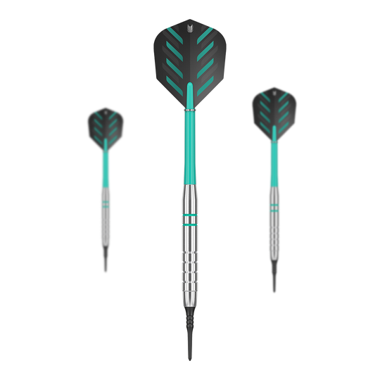 Target Rob Cross Silver Voltage Softdarts - 18g Das Bild zeigt drei Softdarts des Modells 'Target Rob Cross Silver Voltage' mit einem Gewicht von 18g. Die Darts haben silberne Spitzen und Schäfte mit grün-schwarzen Flights.