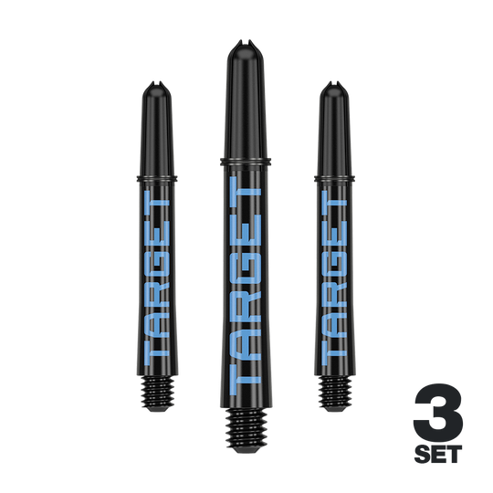Target Pro Grip TAG Shafts - 3 Sets - Black Blue Das Bild zeigt drei schwarze Dartschäfte mit blauer Aufschrift "TARGET". Unten rechts steht "3 SET", was auf ein Set aus drei Stück hinweist.