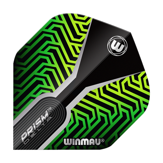 Das Bild zeigt ein Dartflight mit dem Namen "Winmau Prism Delta Kairos No2 Standard Flights Grün". Das Flight hat ein auffälliges grünes und schwarzes geometrisches Muster mit dem Winmau-Logo.