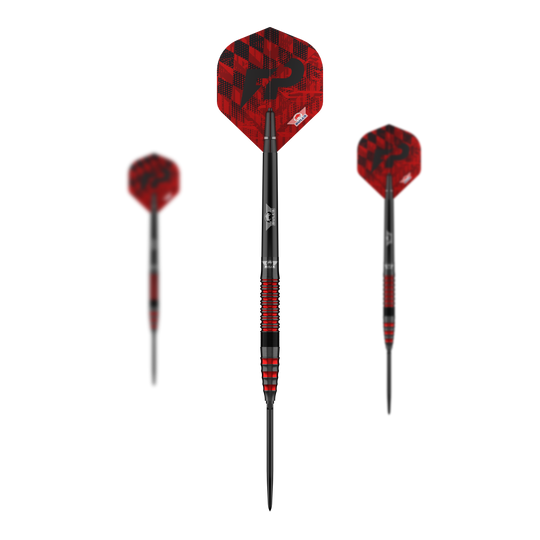 Das Bild zeigt das komplette Set Bulls NL Florian Preis 90 Convertible Point Steeldarts. Die Darts sind silberfarben.