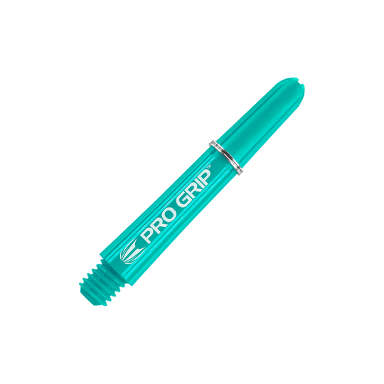 Target Pro Grip Shafts - 3 Sets - Aqua Das Bild zeigt einen aqua-blauen Pro Grip Dart-Schaft mit silbernem Ring. Auf dem Schaft steht der Schriftzug „PRO GRIP“.