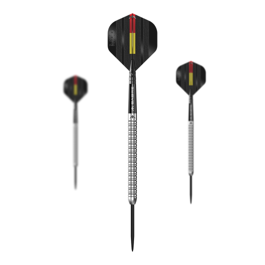 Mission Mike De Decker MDD Silver Steel Darts Das Bild zeigt drei silberne Steeldarts des Modells "Mission Mike De Decker MDD Silver". Die Flights sind schwarz mit roten und gelben Streifen gestaltet.