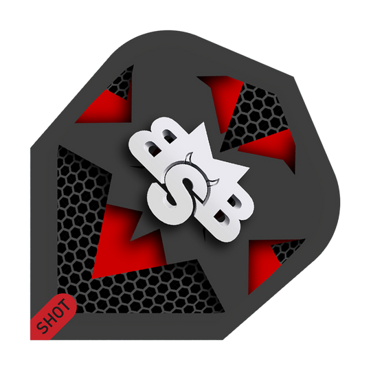 Shot Michael Smith Tenacious No6 Flights Das Bild zeigt ein Dartflight mit einem modernen Design in Schwarz, Rot und Weiß. In der Mitte sind die Buchstaben "MSB" und ein kleiner Stierkopf zu sehen, unten links steht "SHOT".