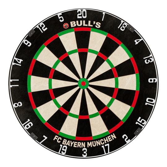 Auf dem Foto ist das Bulls FC Bayern München Bristle Steeldartboard zu sehen. Diese Dartscheibe ist mit dem Branding des FC Bayern München gestaltet.