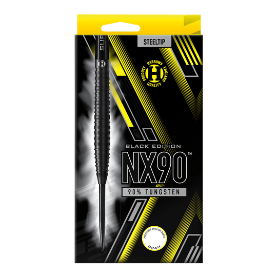 Harrows NX90 Black Edition steel darts Die Abbildung zeigt die Verpackung der "Harrows NX90 Black-Edition Steeldarts". Auf der Packung steht, dass die Darts aus 90% Tungsten bestehen.