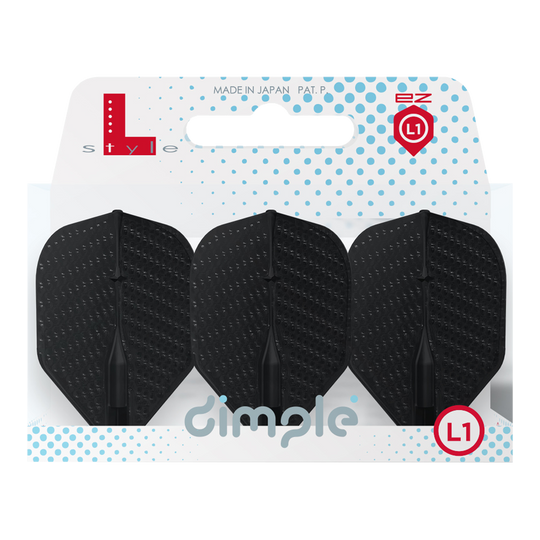 L-Style Flights Dimple Champagne L1EZ Standard Auf dem Bild sind drei schwarze Dart-Flights in einer Verpackung zu sehen. Die Verpackung trägt die Aufschrift "dimple" und "L1" und ist von der Marke L-Style.