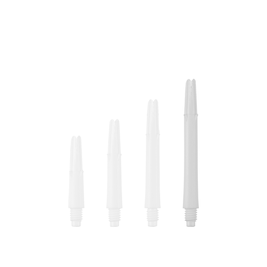 L-L-Style-Shafts Locked Straight - White Das Bild zeigt vier weiße, gerade Dartshafts in unterschiedlichen Längen. Sie sind ohne Kappen und stehen nebeneinander aufgereiht.