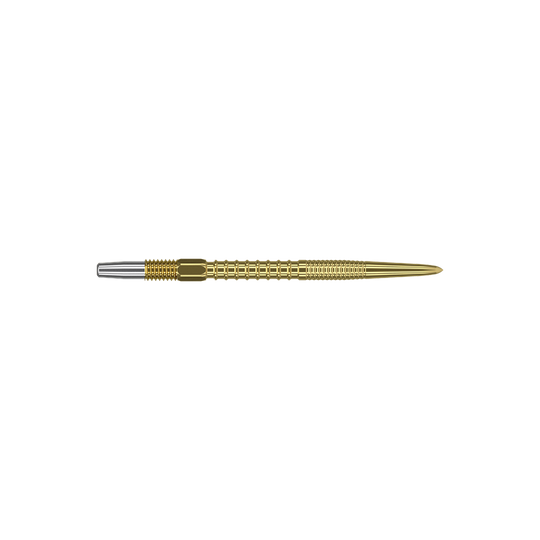 Target Swiss Firepoint Gold dart tips Auf dem Bild ist eine goldene Dartspitze mit einer silbernen Befestigung dargestellt. Die Spitze ist lang, fein gearbeitet und hat eine strukturierte Oberfläche.