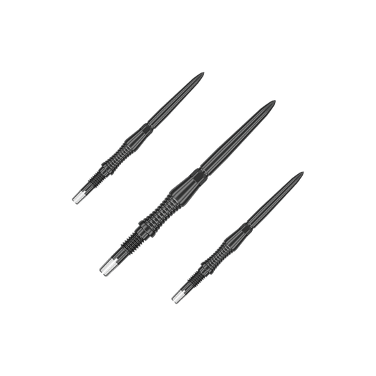 Target Swiss Point Dart Tips Signature RST - Black Das Bild zeigt schwarze Dartspitzen mit RST-Design, 30mm, von Target Swiss Point. Die Aufnahme präsentiert die Spitzen als Set.