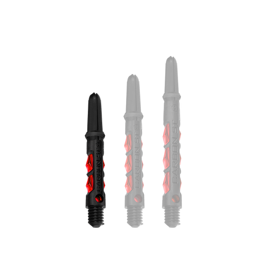 Das Bild zeigt drei Harrows Carbon ST Shafts in der Farbe Rot. Die Dartschäfte sind schwarz mit roten Akzenten und in verschiedenen Längen dargestellt.