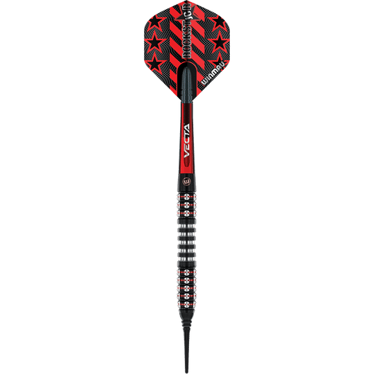 2460_Winmau_Joe_Cullen_Ignition_Series_Softdarts_1Nj2G13UwvOxIR Das Bild zeigt einen Winmau Joe Cullen Ignition Series Softdart mit einem Gewicht von 20g. Der Dart hat ein auffälliges Design in Schwarz und Rot mit Sternen auf dem Flight.