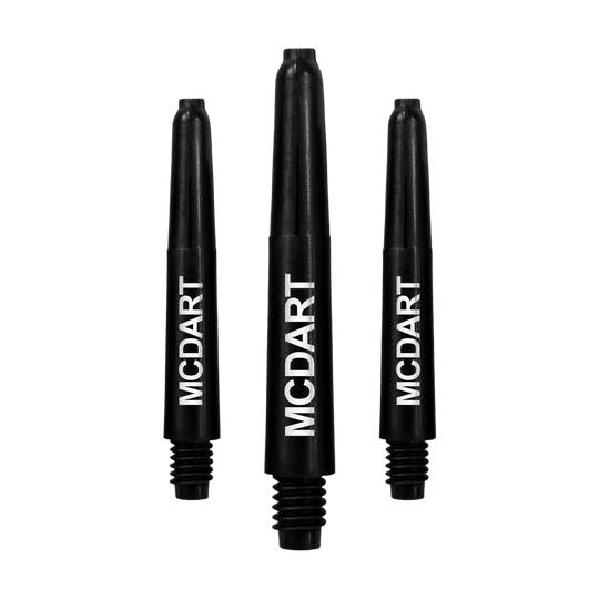 MD-609_Nylon_Shafts_mit_Wunschdruck_Schwarz_35mm_1 Auf dem Bild sind drei schwarze Dartschäfte zu sehen. Auf jedem Schaft steht der weiße Schriftzug "MCDART".