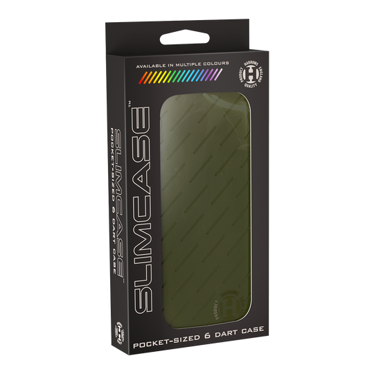 Harrows Slimcase Dart Case Die Abbildung zeigt eine grüne Slimcase Darttasche in ihrer Verpackung. Auf der Verpackung steht "Pocket-sized 6 Dart Case" und sie ist in mehreren Farben erhältlich.