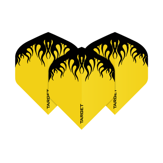 Das Bild zeigt drei Dart-Flights mit einem gelben und schwarzen Flammendesign. Auf jedem Flight steht unten das Wort "TARGET".