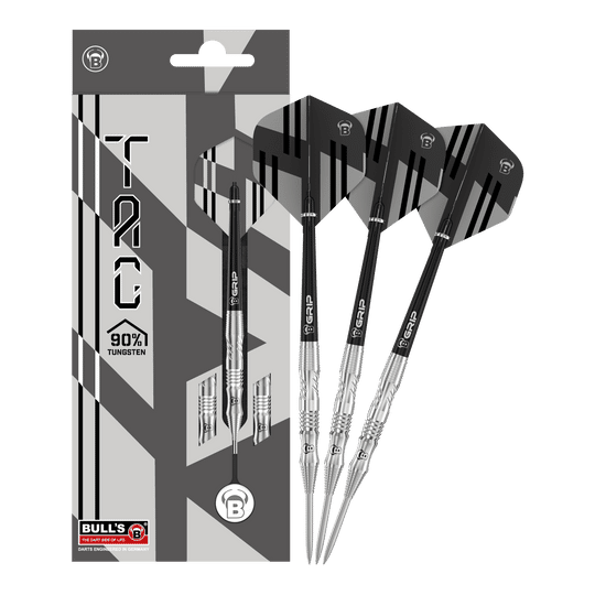 Bulls Tac T1 Steeldarts Das Bild zeigt die Bulls Tac T1 Steeldarts zusammen mit ihrer Verpackung. Die Darts bestehen zu 90% aus Tungsten und haben ein modernes, schwarz-silbernes Design.